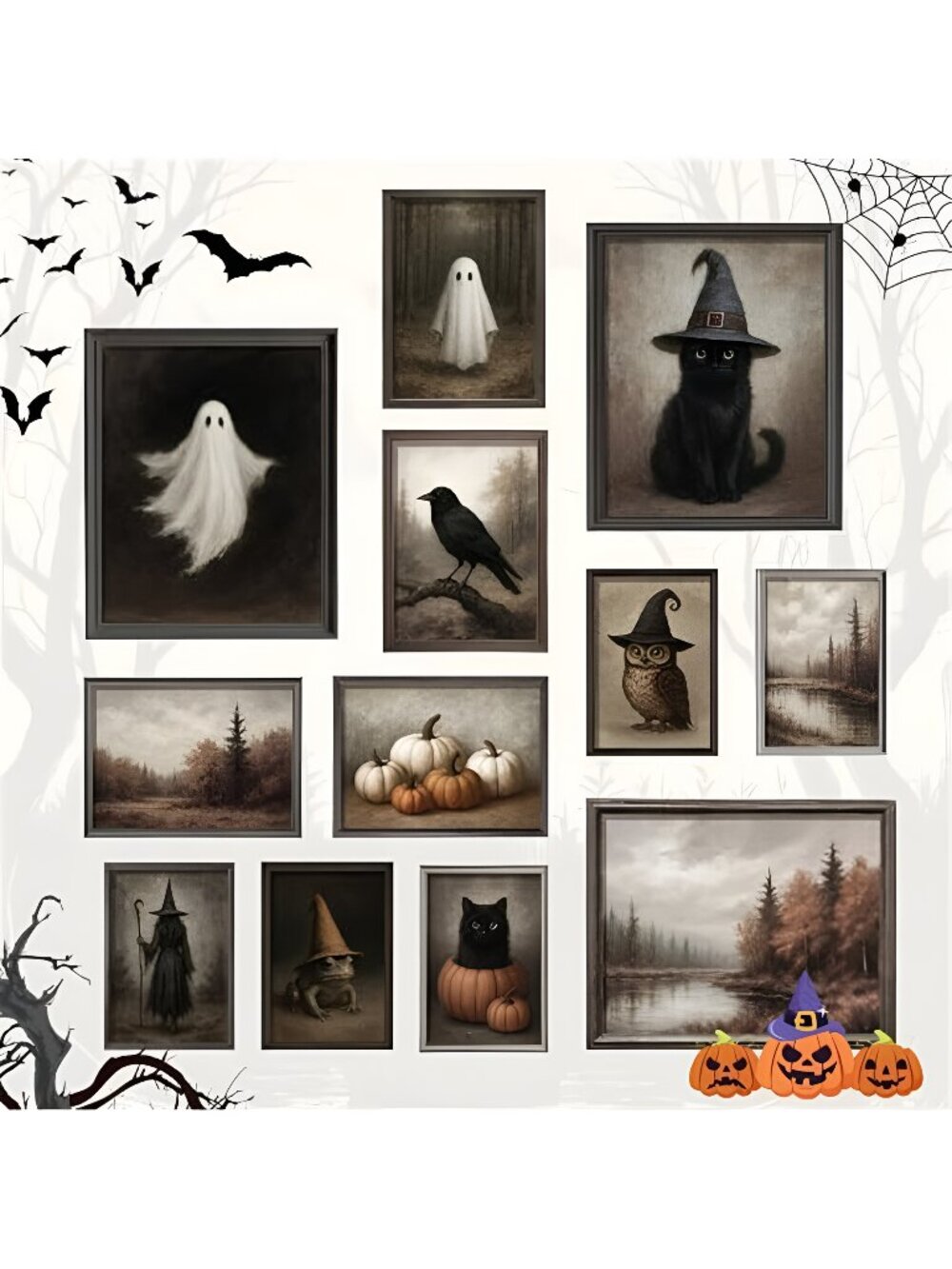 Vintage Halloween Wall Art, Ghost and Witchy Posters, Unframed